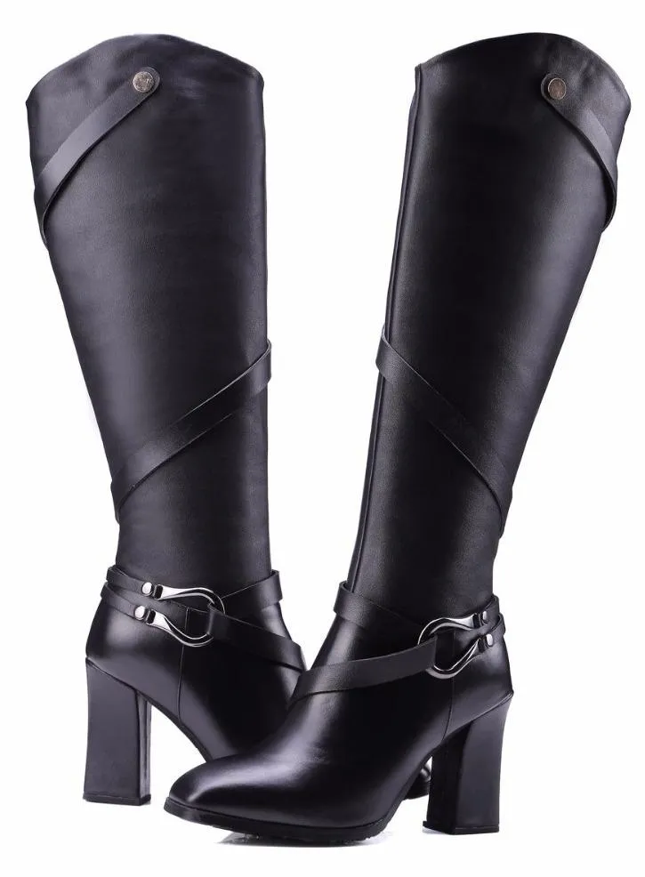 Black Buckle Strap Leather Knee-High Riding Boots