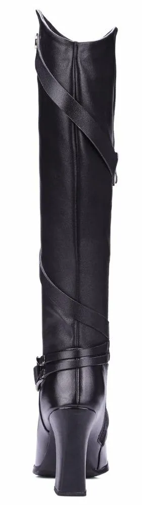 Black Buckle Strap Leather Knee-High Riding Boots