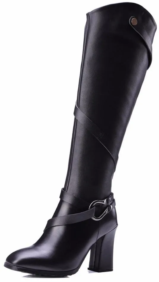 Black Buckle Strap Leather Knee-High Riding Boots