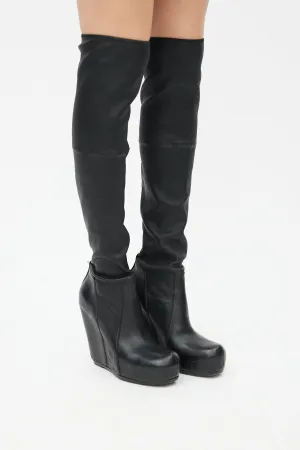 Black Leather Knee High Wedge Boot