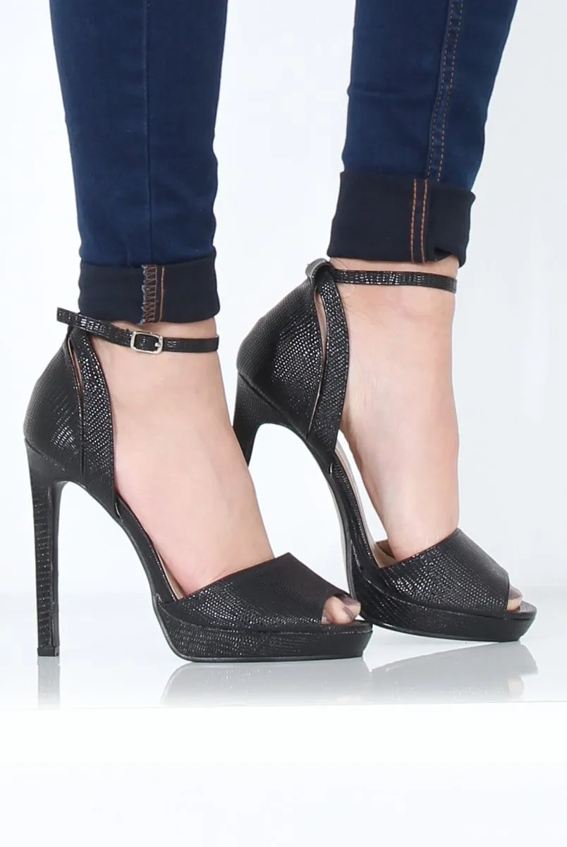 Black Lizard Peep Toe High Heels - Mya