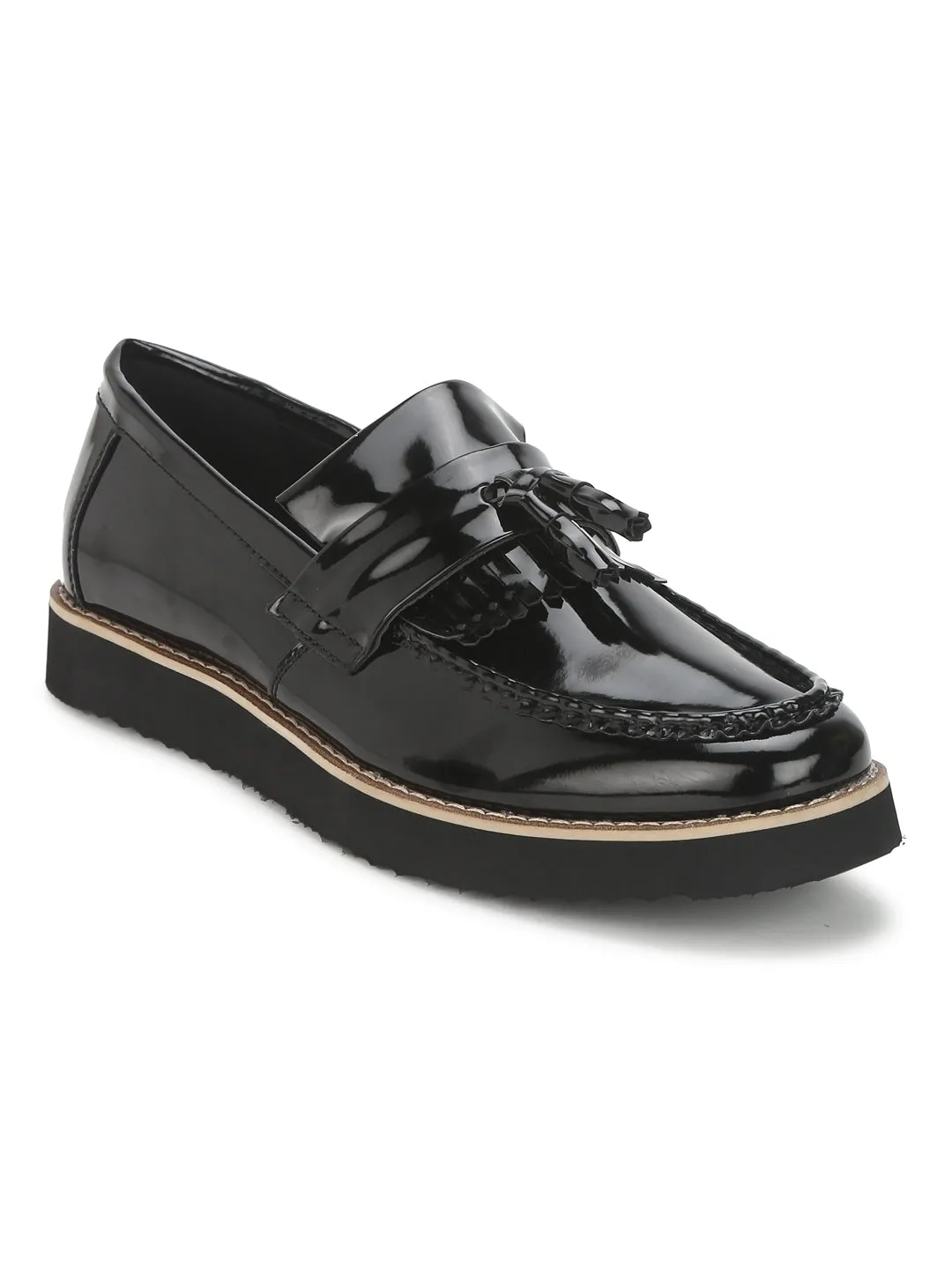 Black Patent Cleated Bottom Tassel Men Loafers