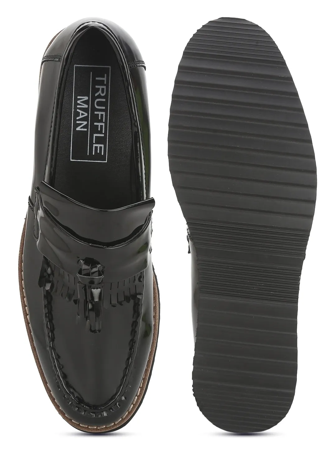 Black Patent Cleated Bottom Tassel Men Loafers