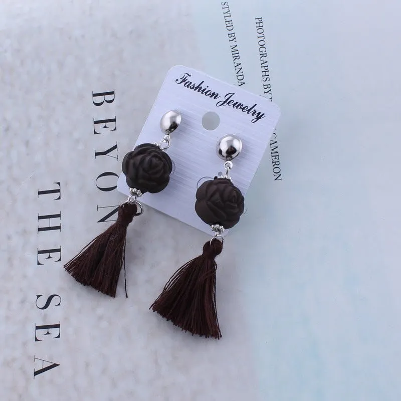 Black Rose and Tassel Earrings