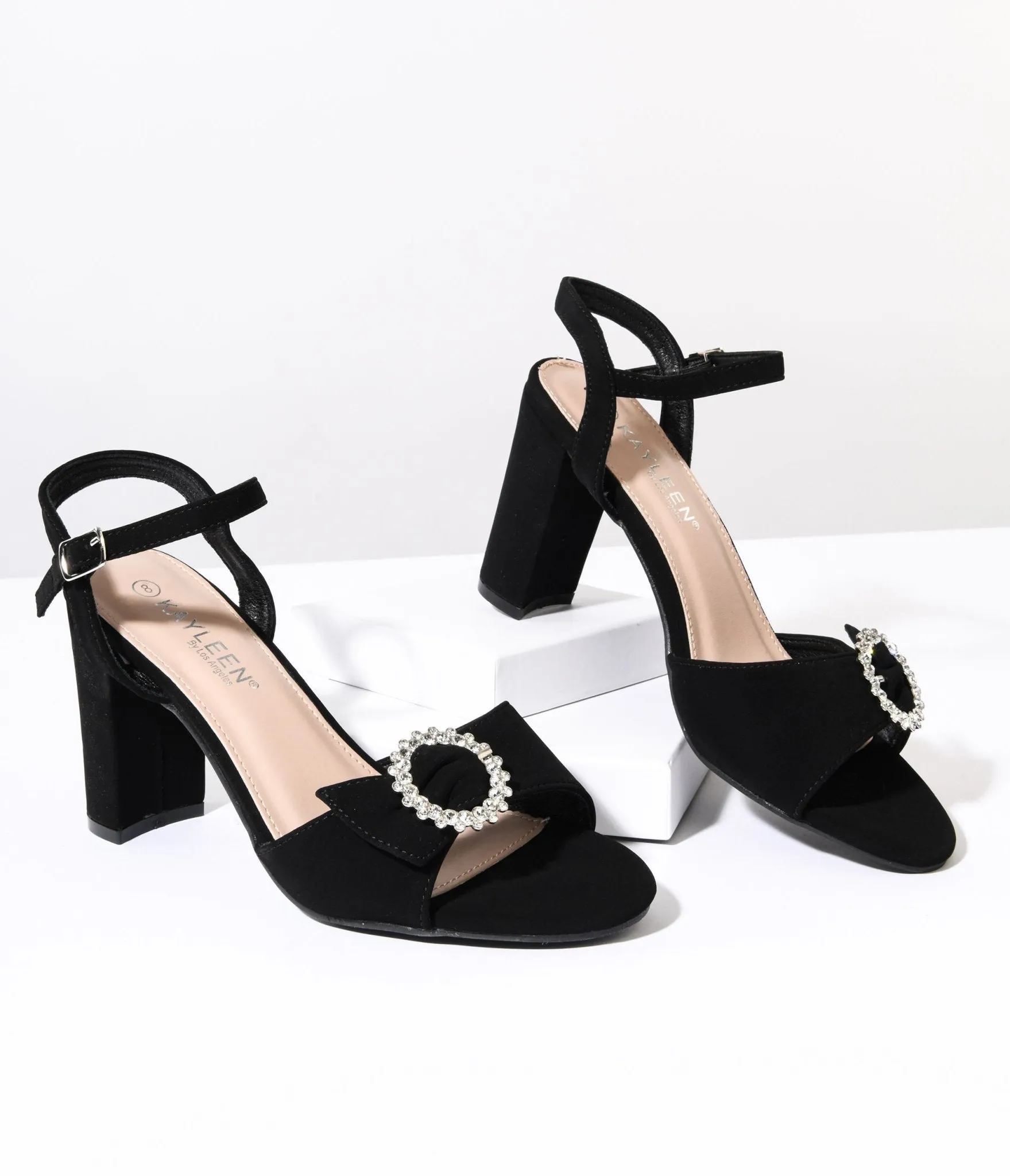 Black Suede & Silver Rhinestone Peep Toe Heels