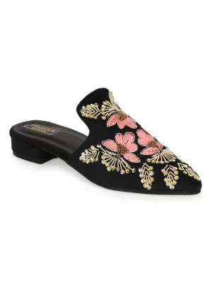 Black Suede Floral Embroidery Kitten Heel Mules (TC-SLC-MJ-14-BLK)