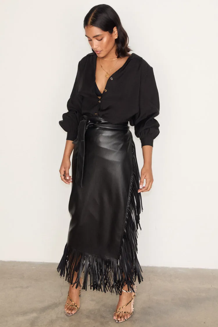 Black Vegan Leather Fringe Midi Jaspre Skirt