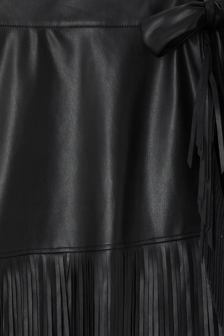 Black Vegan Leather Fringe Midi Jaspre Skirt