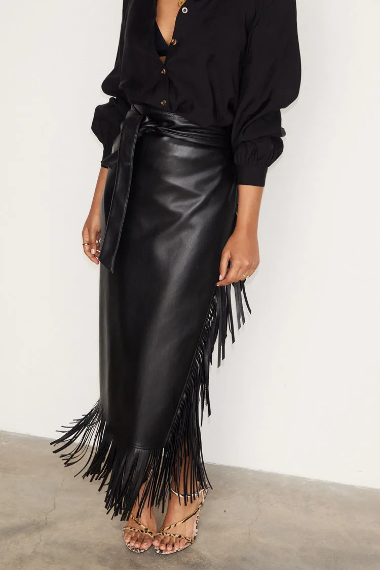 Black Vegan Leather Fringe Midi Jaspre Skirt