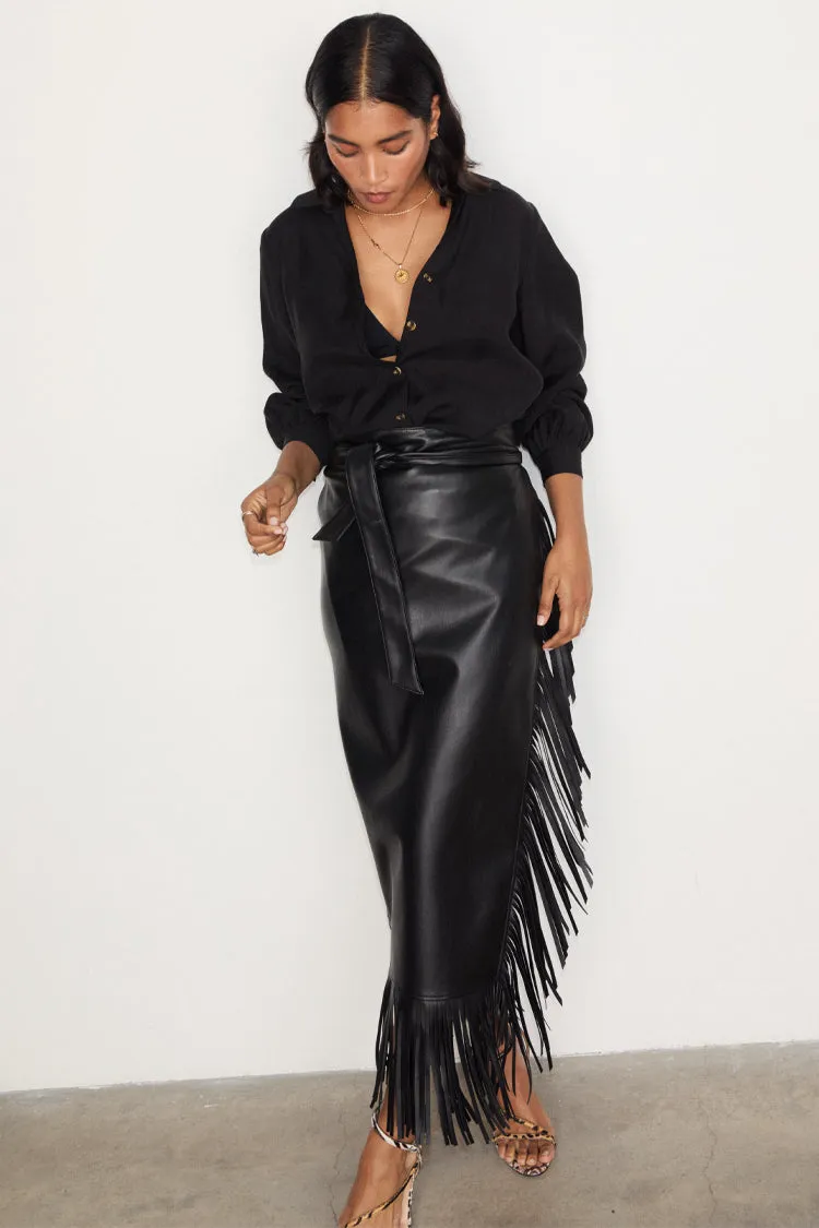 Black Vegan Leather Fringe Midi Jaspre Skirt