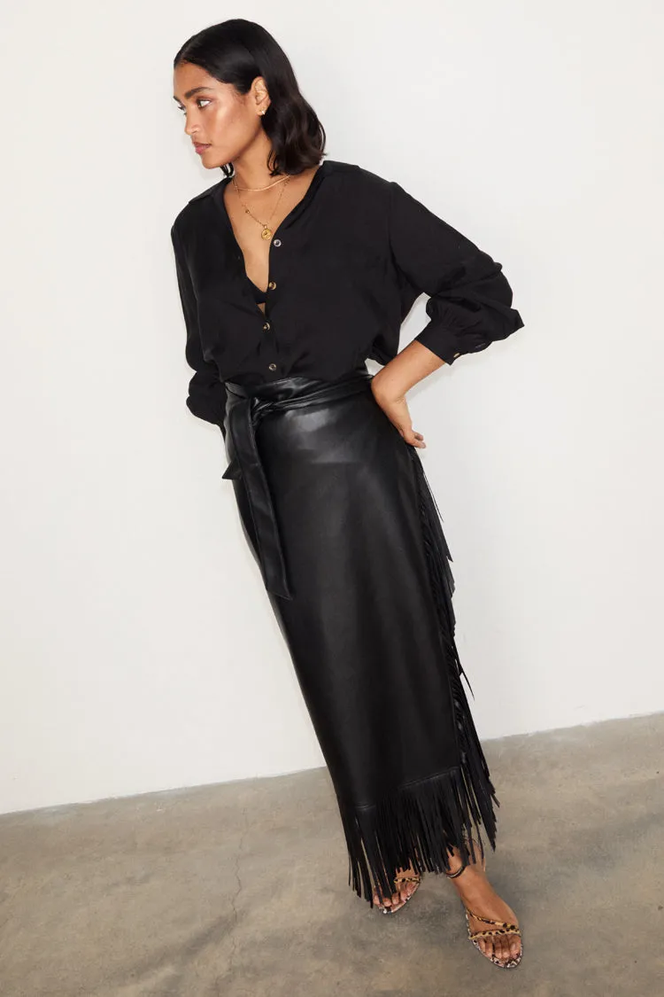 Black Vegan Leather Fringe Midi Jaspre Skirt