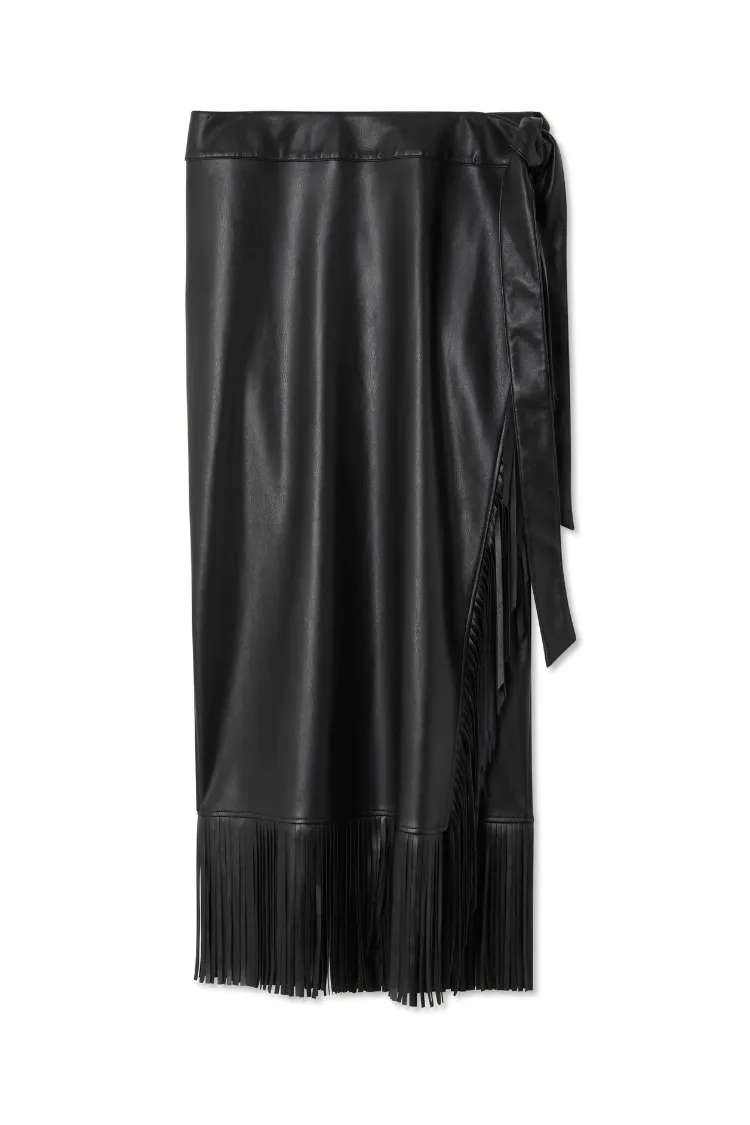 Black Vegan Leather Fringe Midi Jaspre Skirt