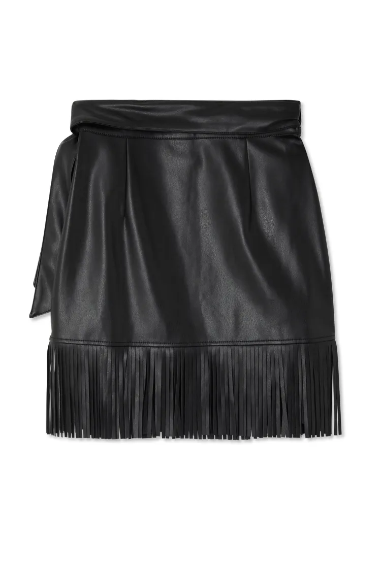 Black Vegan Leather Mini Fringe Jaspre Skirt Petite