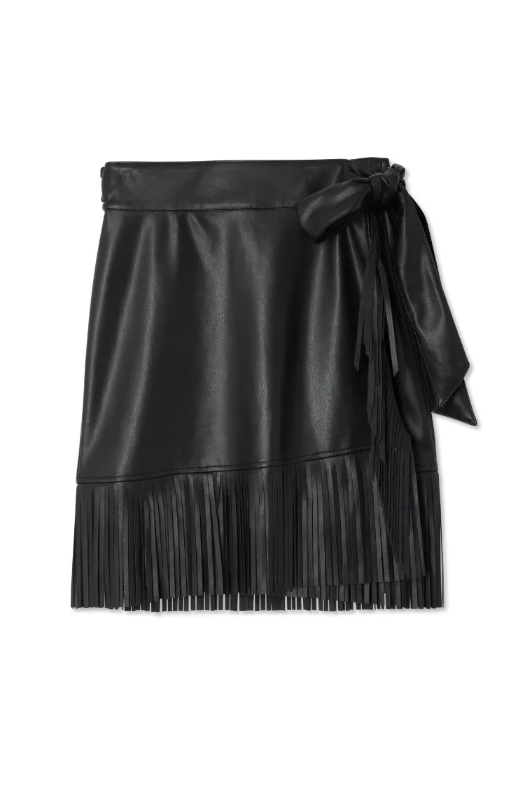 Black Vegan Leather Mini Fringe Jaspre Skirt Petite