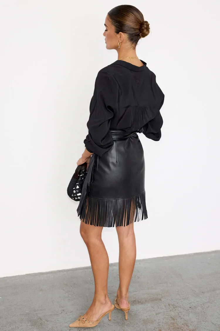 Black Vegan Leather Mini Fringe Jaspre Skirt Petite