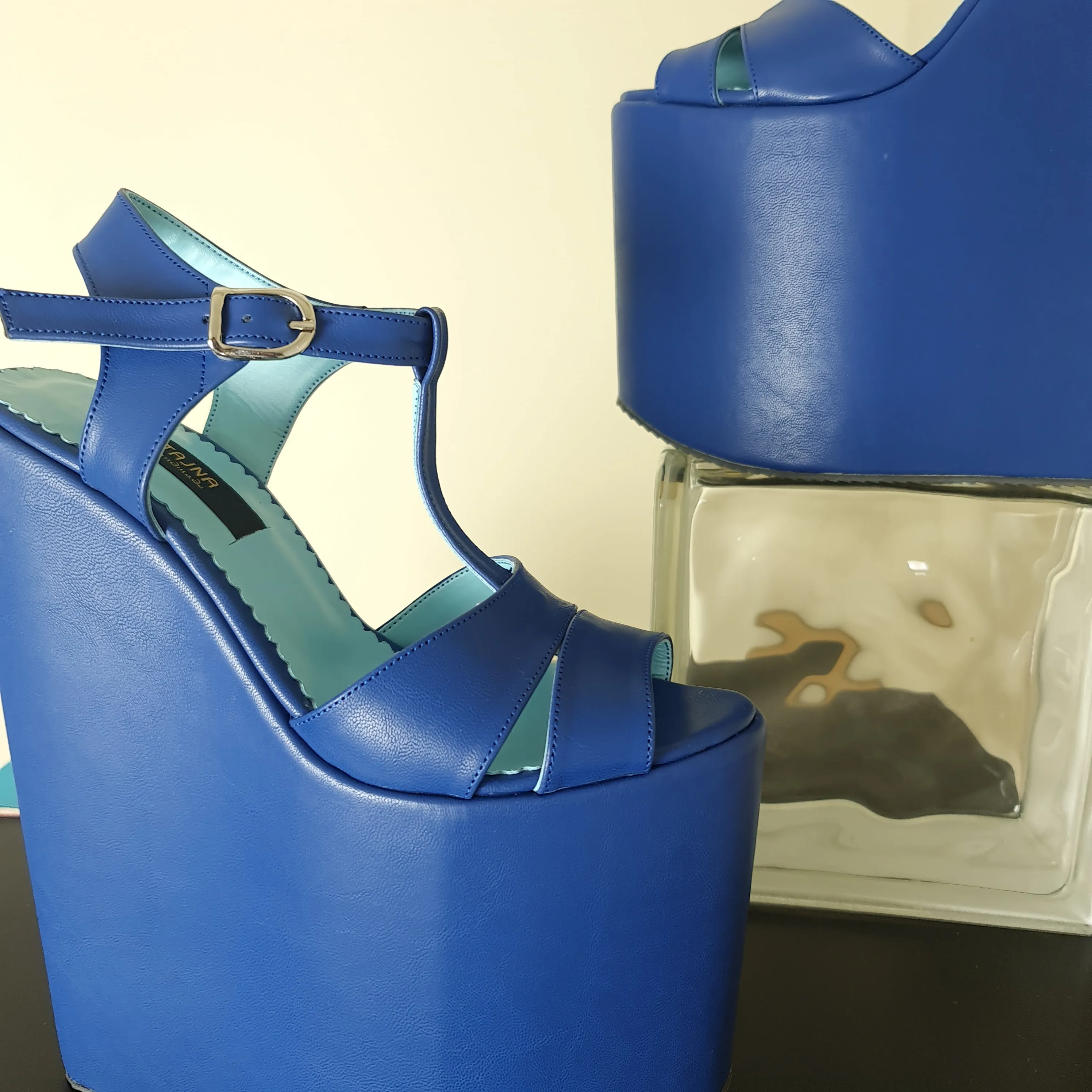 Blue Cross T Strap Detail Wedge Platform Sandals