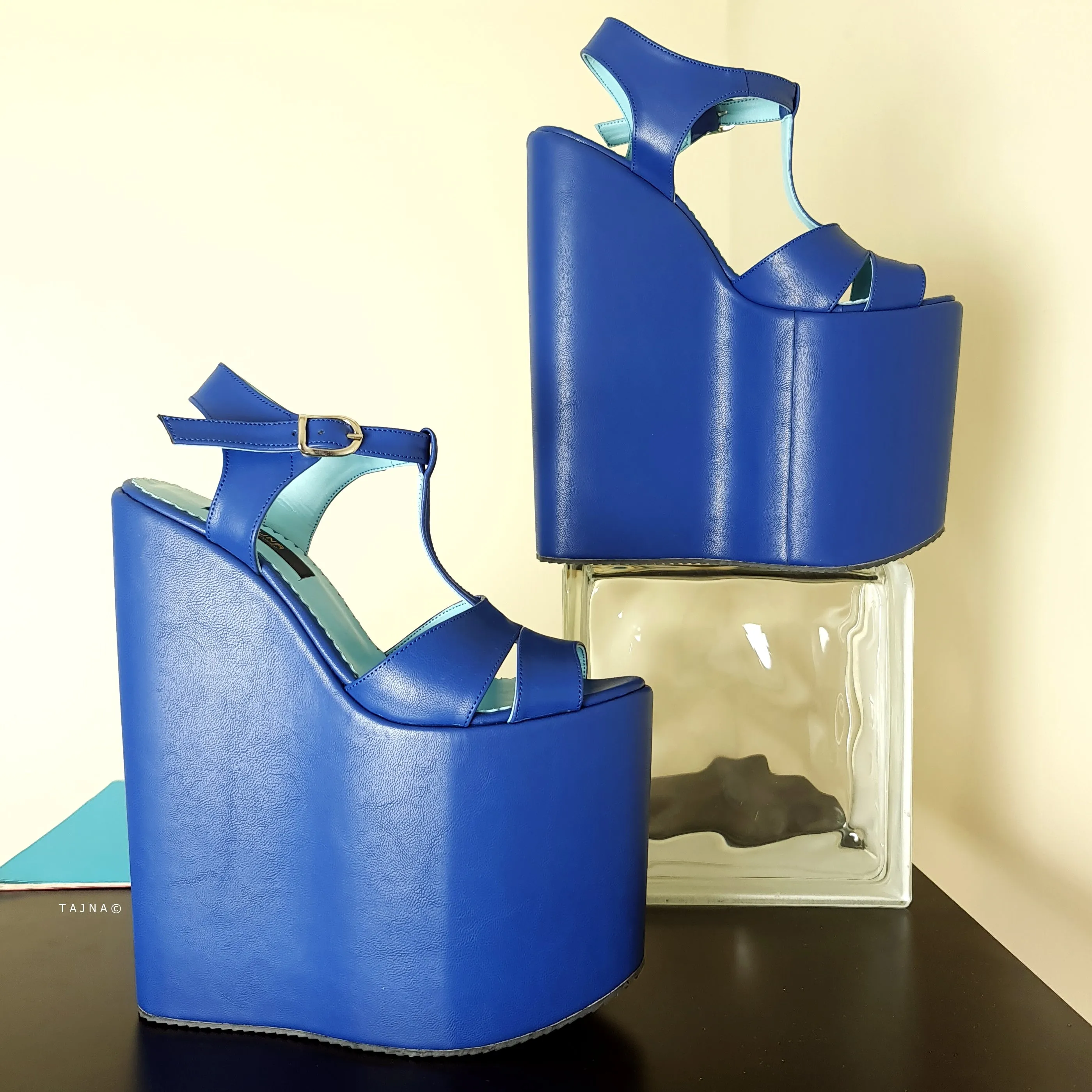 Blue Cross T Strap Detail Wedge Platform Sandals