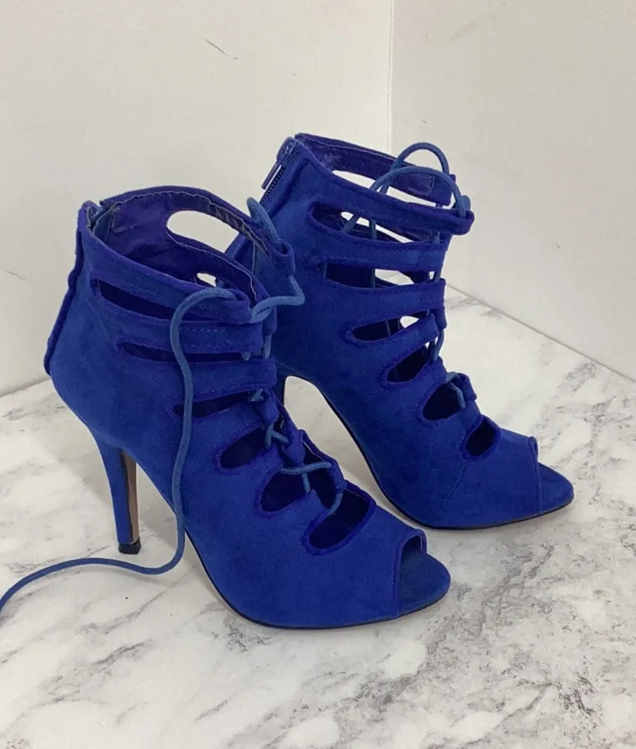 Boohoo Peep Toe Cut Out Lace-up Heels, Blue, UK3/EU36