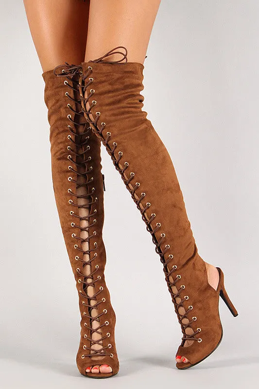 Breckelle Lace Up Back Cutout Stiletto Thigh High Boot