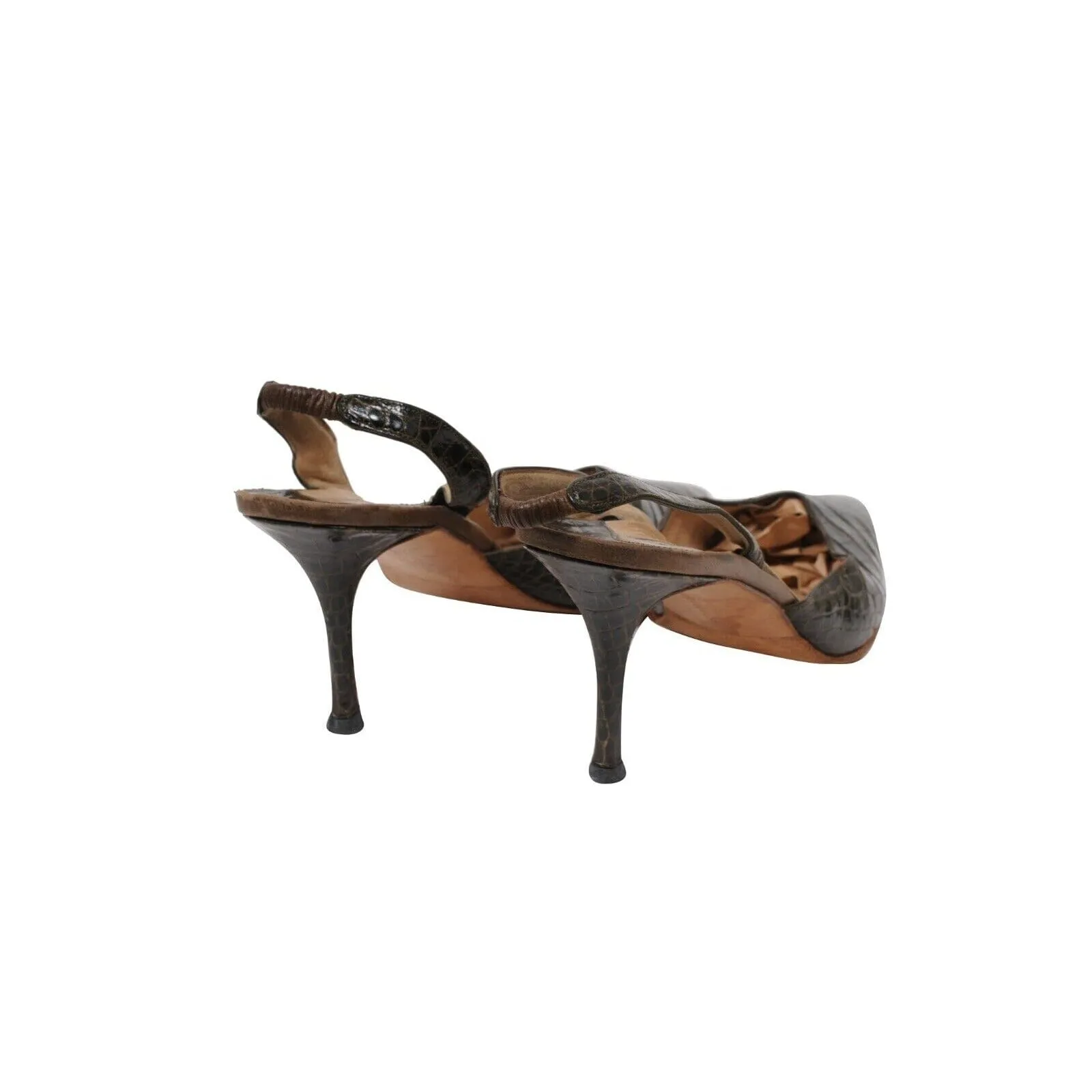 Brown 80mm Sling Back Crocodile Kitten Heels