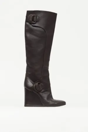 Brown Leather Knee High Wedge Boot