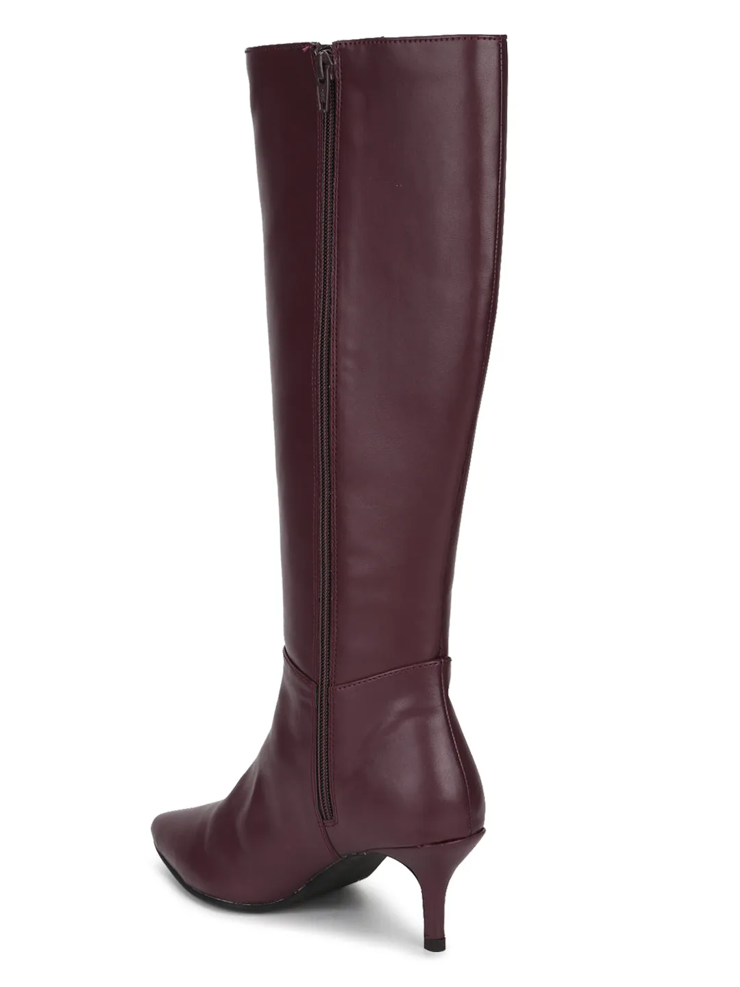 Burgundy PU Pointed Knee High Boots