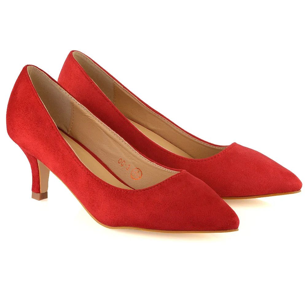 Cali Pointed Toe Slip on Low Stiletto Kitten High Heel Court Shoes in Red