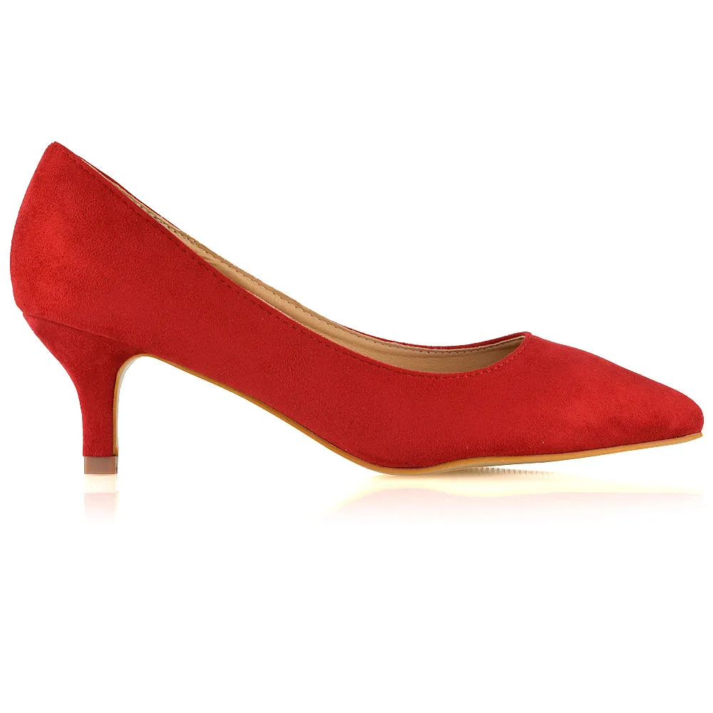 Cali Pointed Toe Slip on Low Stiletto Kitten High Heel Court Shoes in Red