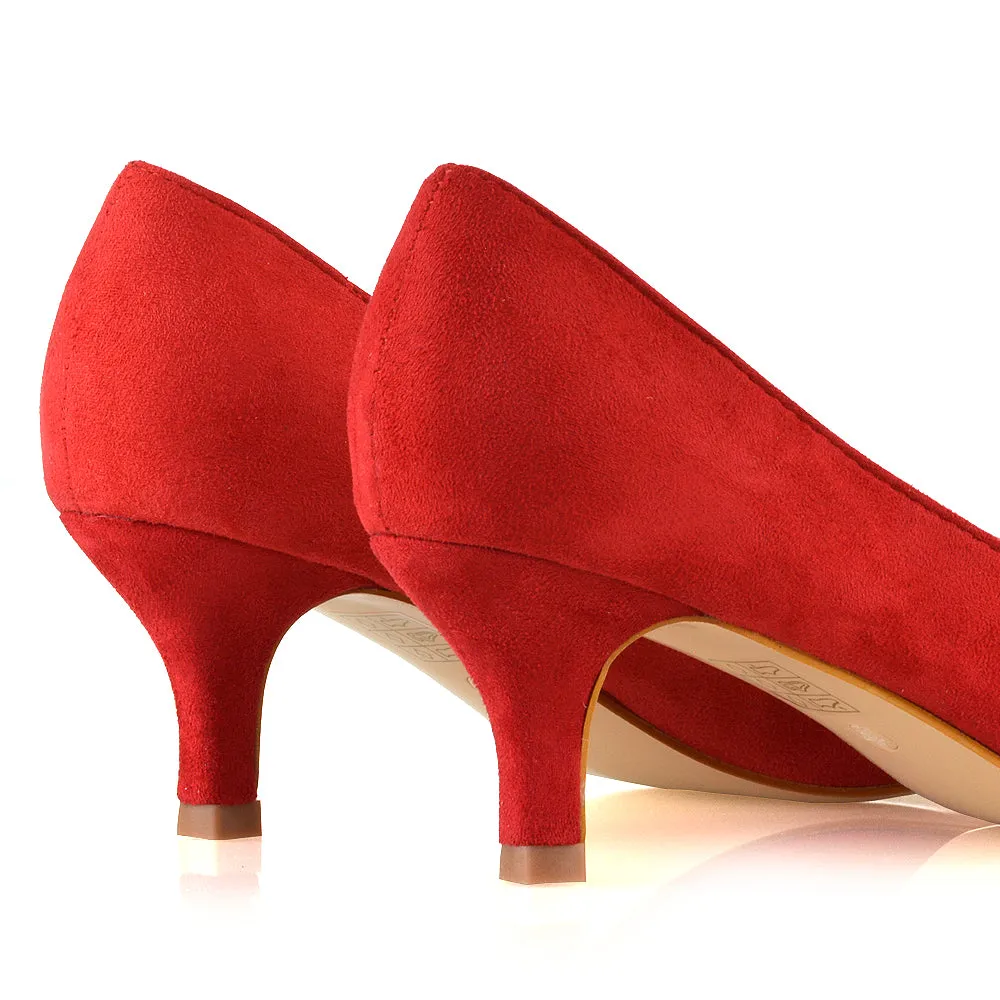 Cali Pointed Toe Slip on Low Stiletto Kitten High Heel Court Shoes in Red