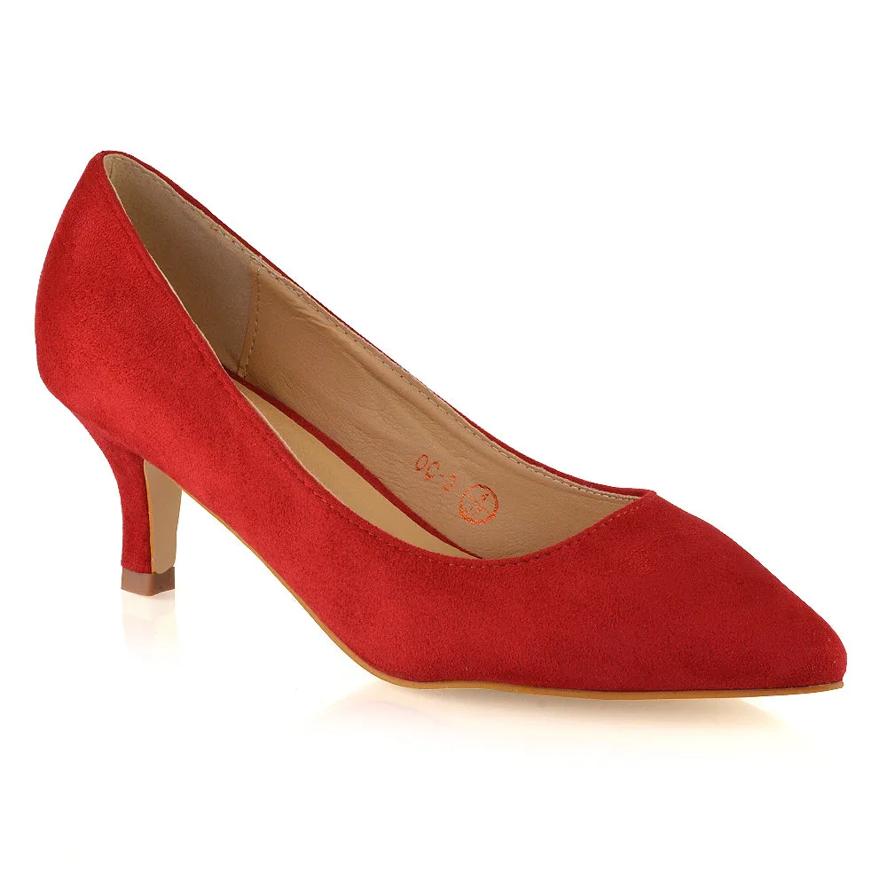 Cali Pointed Toe Slip on Low Stiletto Kitten High Heel Court Shoes in Red