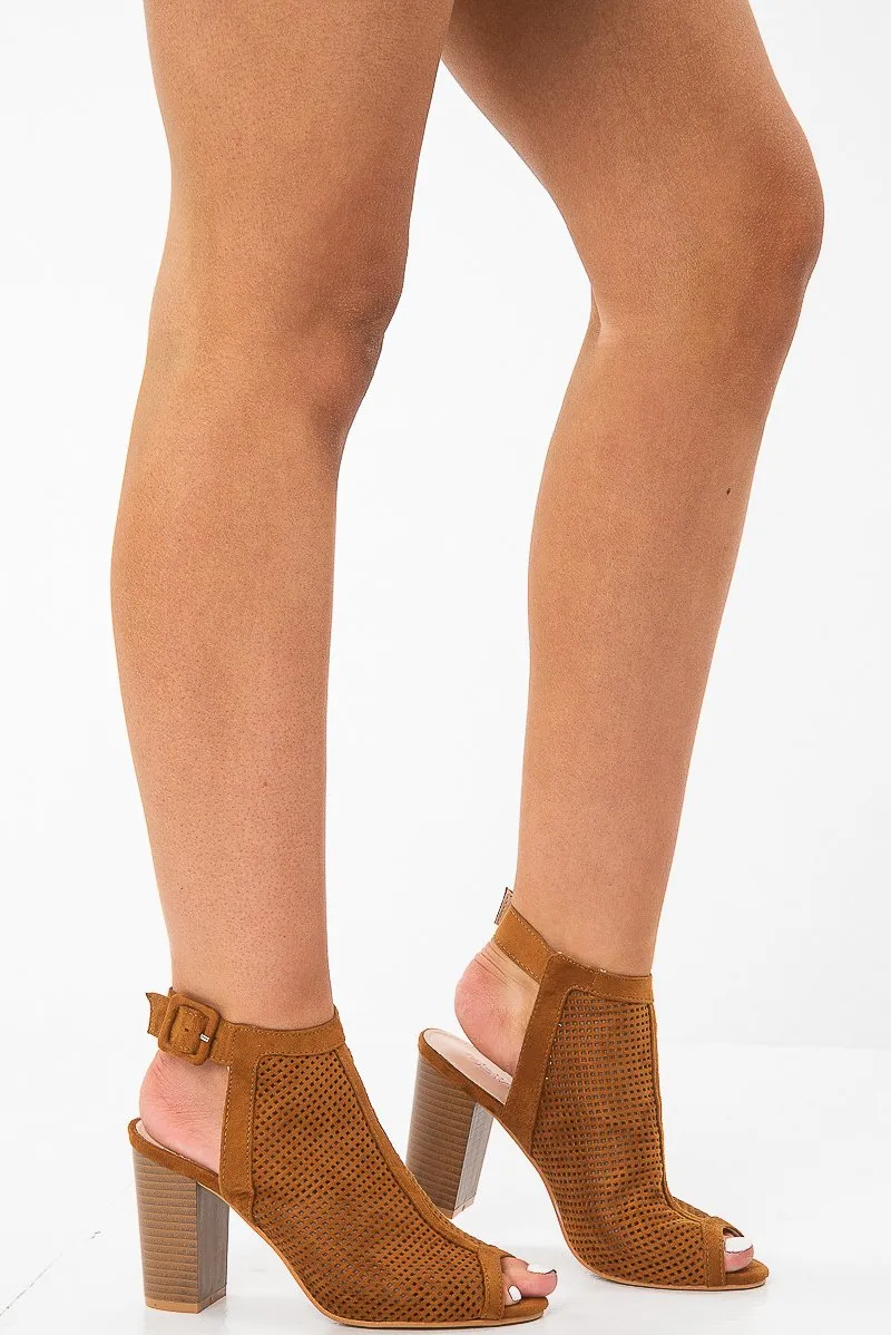 Camel Faux Suede Cage Front Block Heels - Shannon