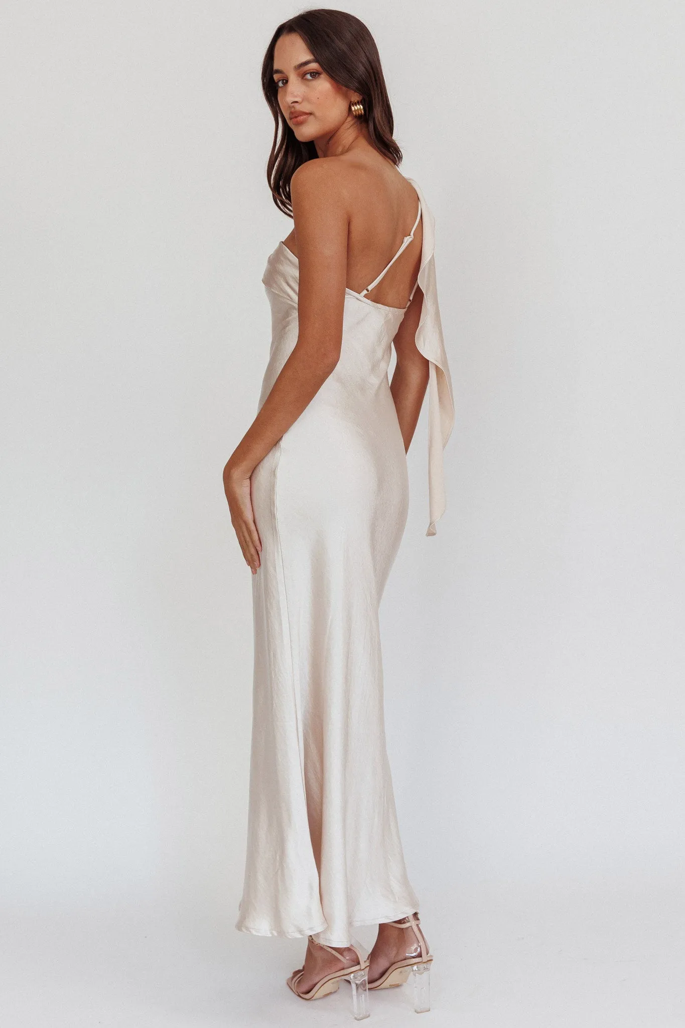 Carmel One-Shoulder Sash Maxi Dress Champagne