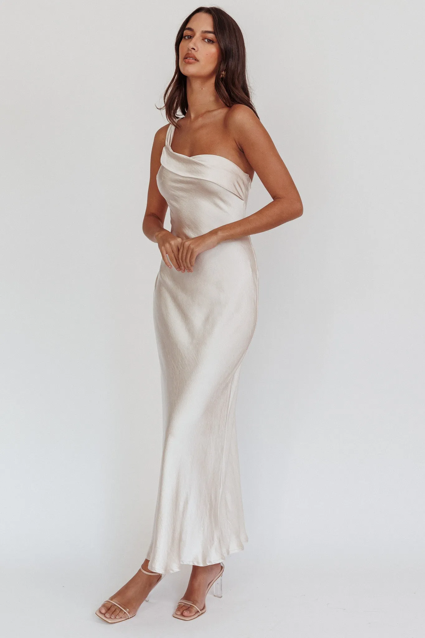 Carmel One-Shoulder Sash Maxi Dress Champagne