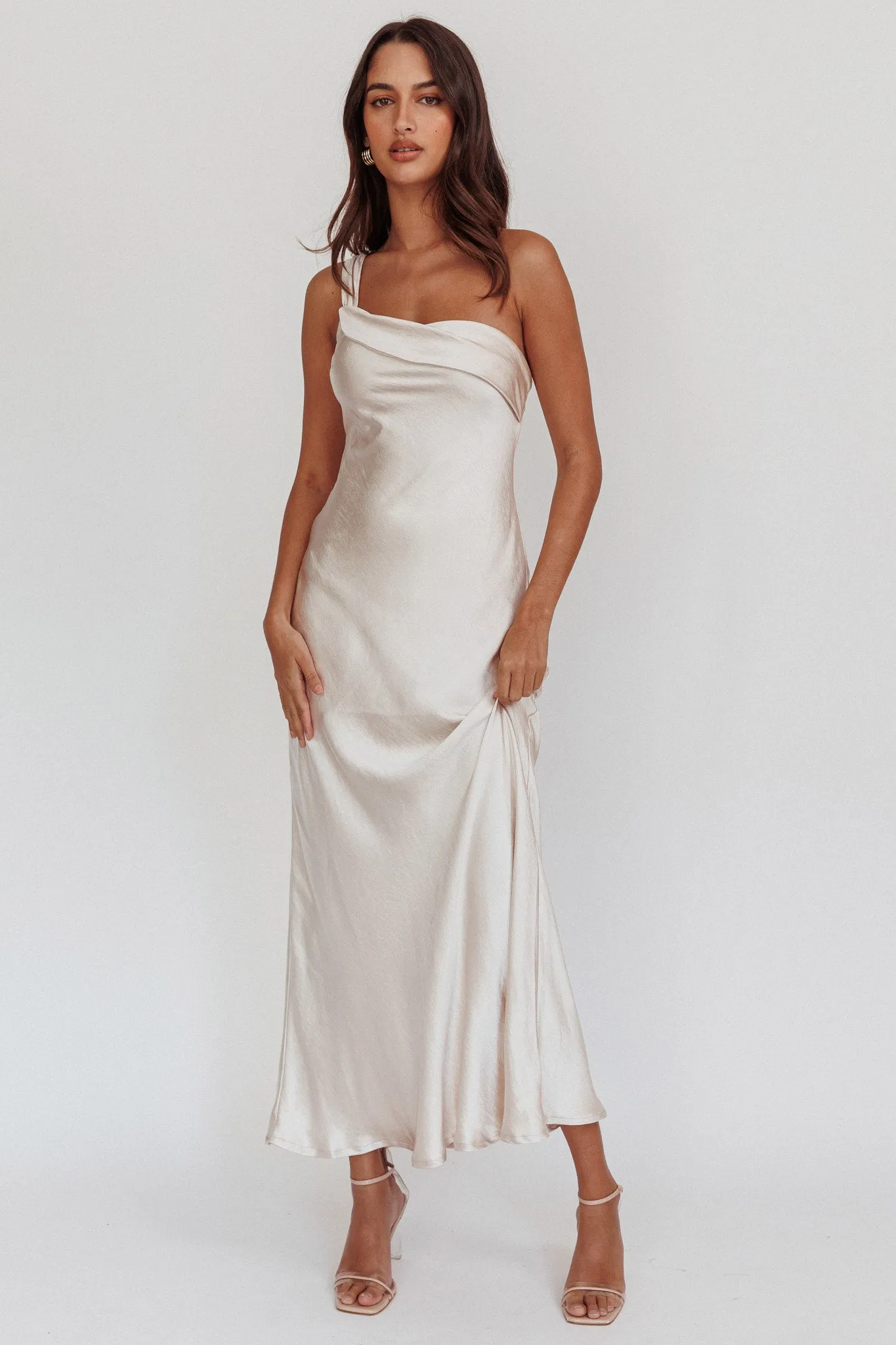 Carmel One-Shoulder Sash Maxi Dress Champagne