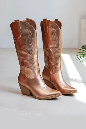 CHAMPAGNE EMBROIDED KNEE HIGH WESTERN COWGIRL COWBOY BOOTS