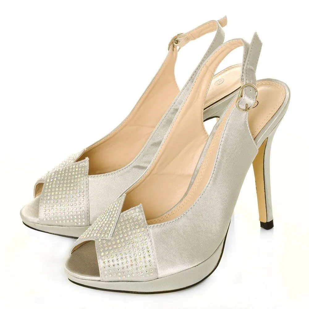 Cherish Satin Peep Toe High Heeled Diamante Sling Backs