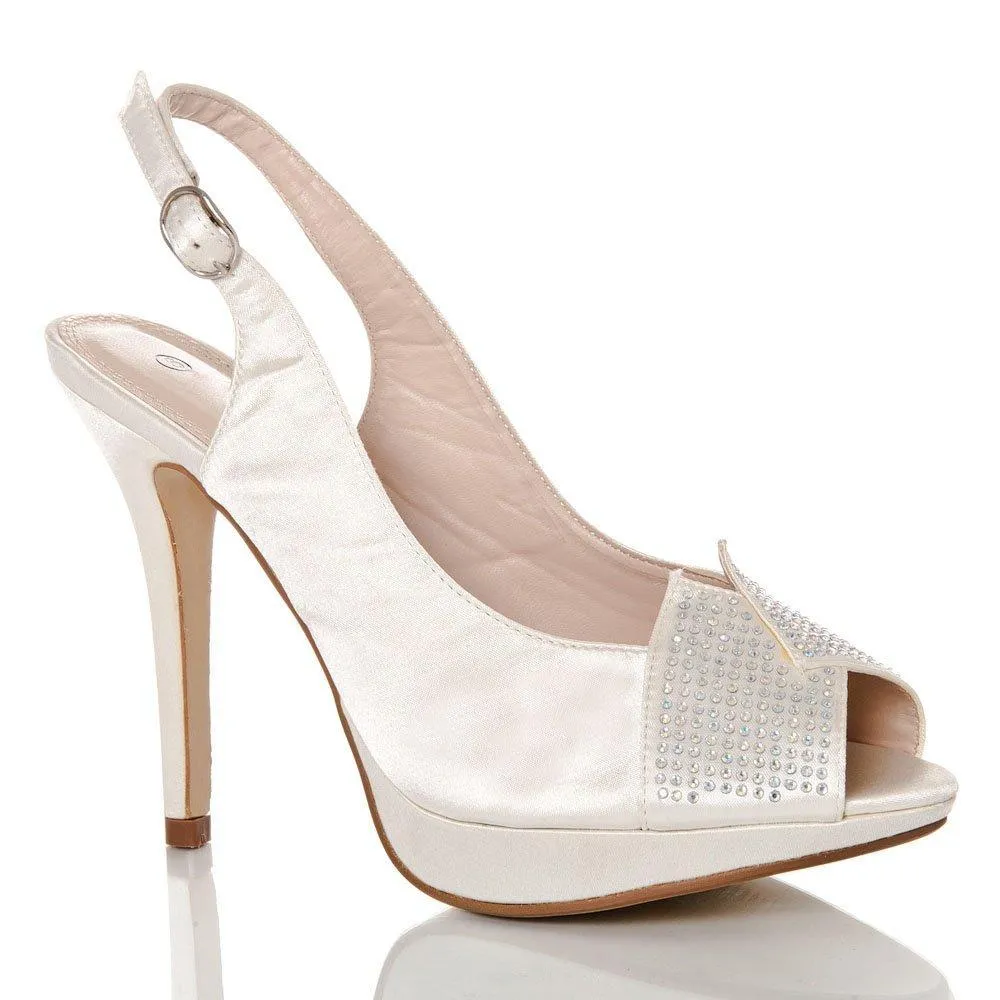 Cherish Satin Peep Toe High Heeled Diamante Sling Backs