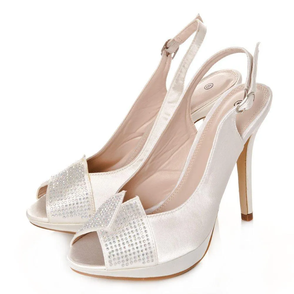 Cherish Satin Peep Toe High Heeled Diamante Sling Backs