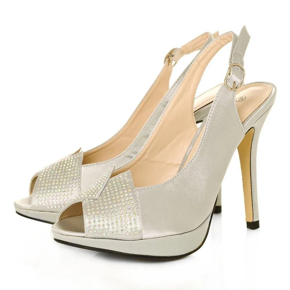 Cherish Satin Peep Toe High Heeled Diamante Sling Backs