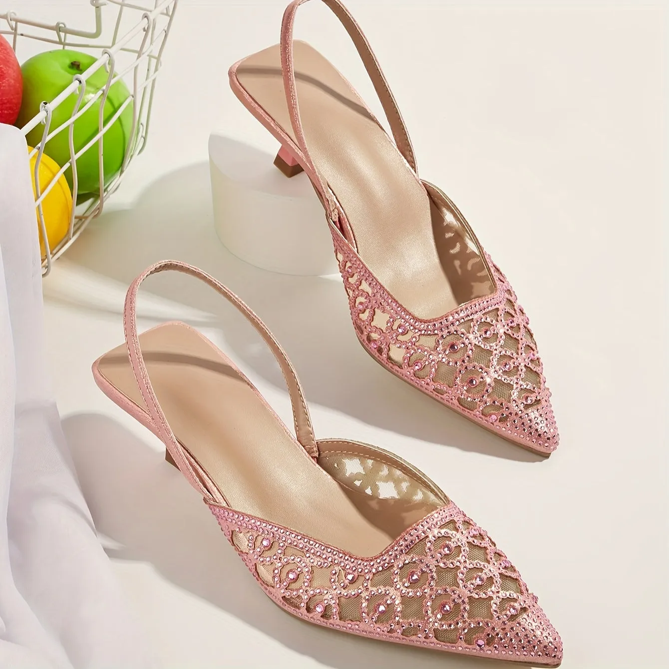 Chic & Comfortable All-Season Kitten Heels with Sparkling Rhinestones, Pointed Toe, and Breathable Mesh Design