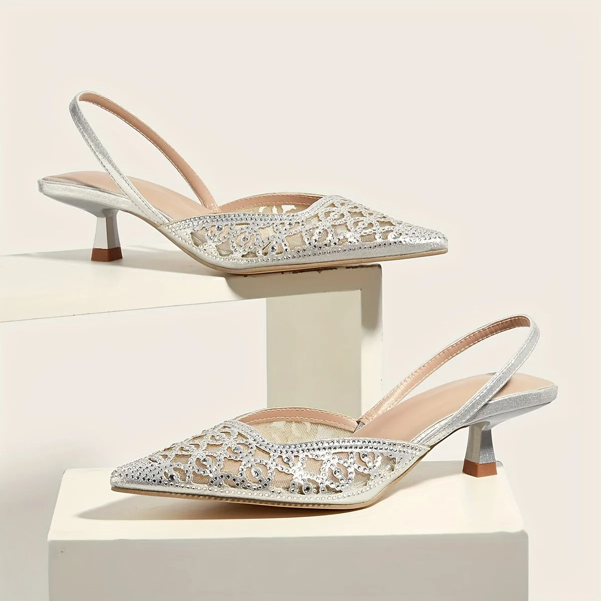 Chic & Comfortable All-Season Kitten Heels with Sparkling Rhinestones, Pointed Toe, and Breathable Mesh Design