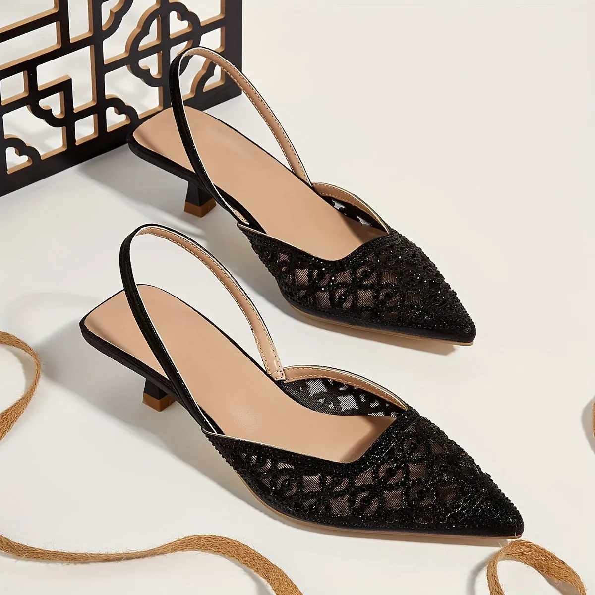 Chic & Comfortable All-Season Kitten Heels with Sparkling Rhinestones, Pointed Toe, and Breathable Mesh Design