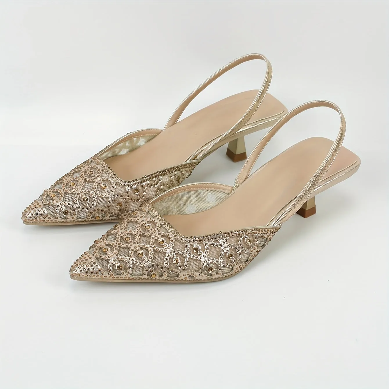 Chic & Comfortable All-Season Kitten Heels with Sparkling Rhinestones, Pointed Toe, and Breathable Mesh Design