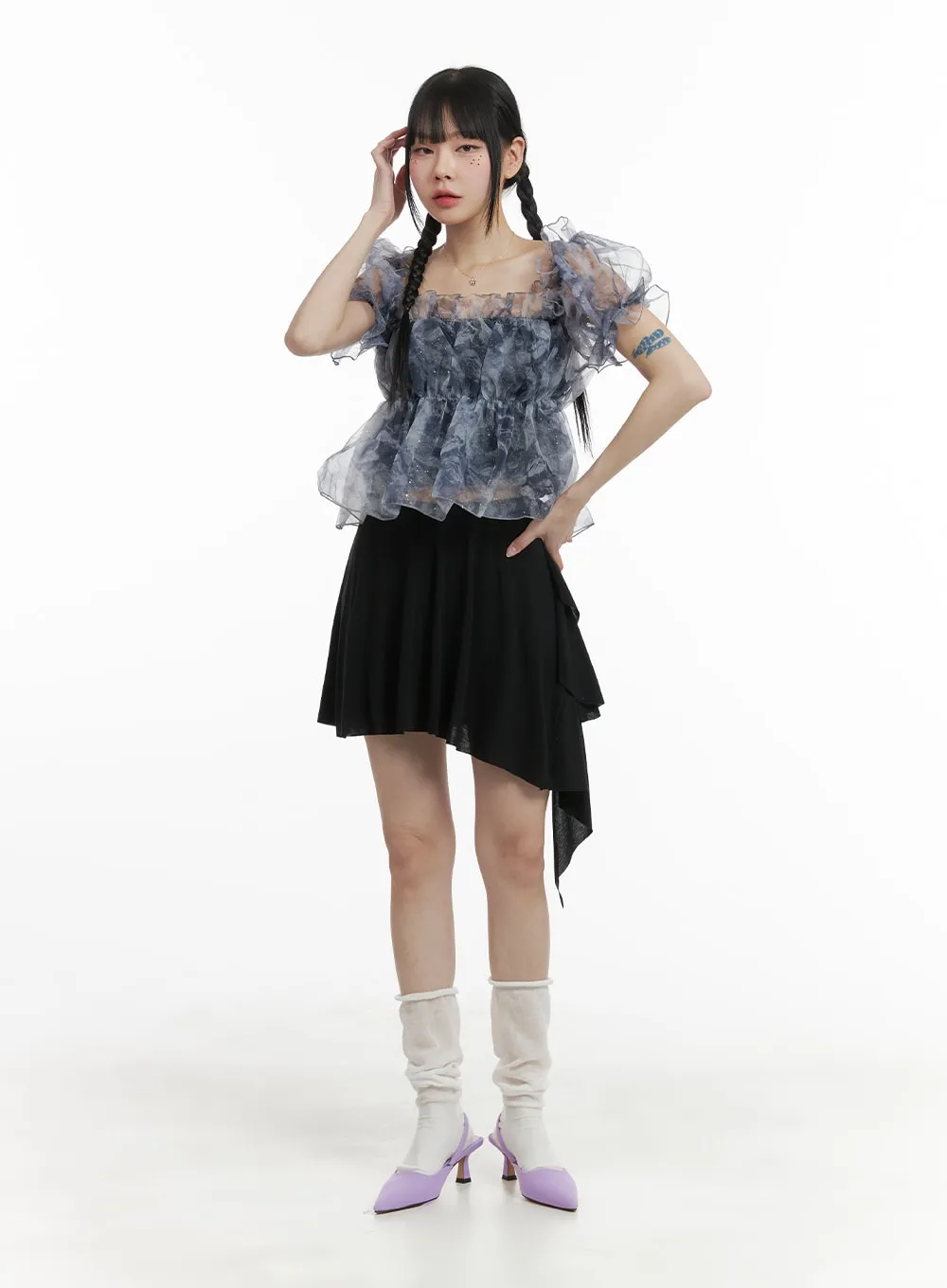 Chiffon Puffy Shoulder Short Sleeve OM426