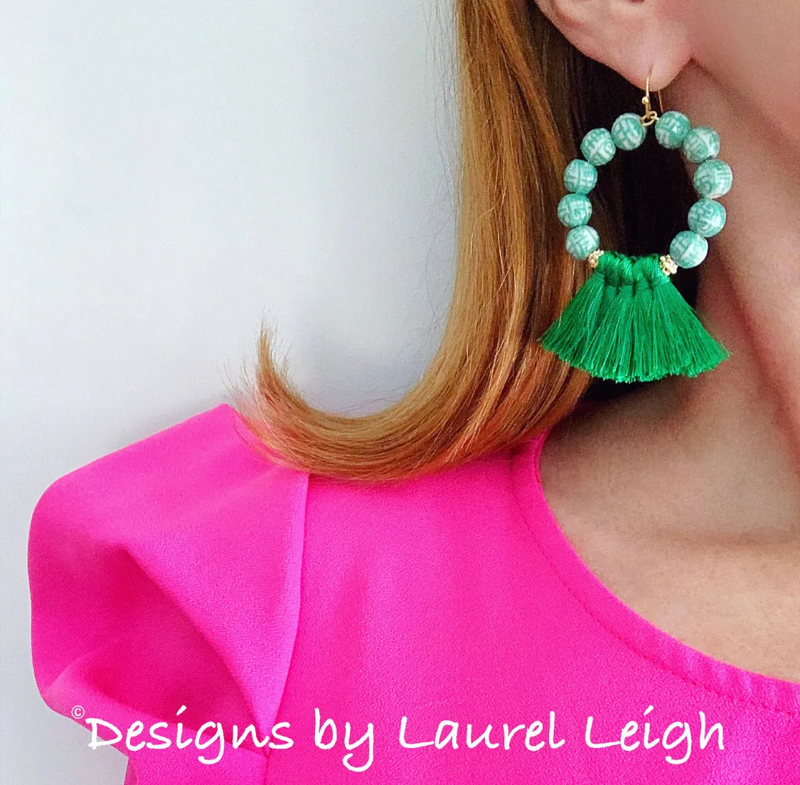 Chinoiserie Beaded Tassel Hoop Earrings - Green