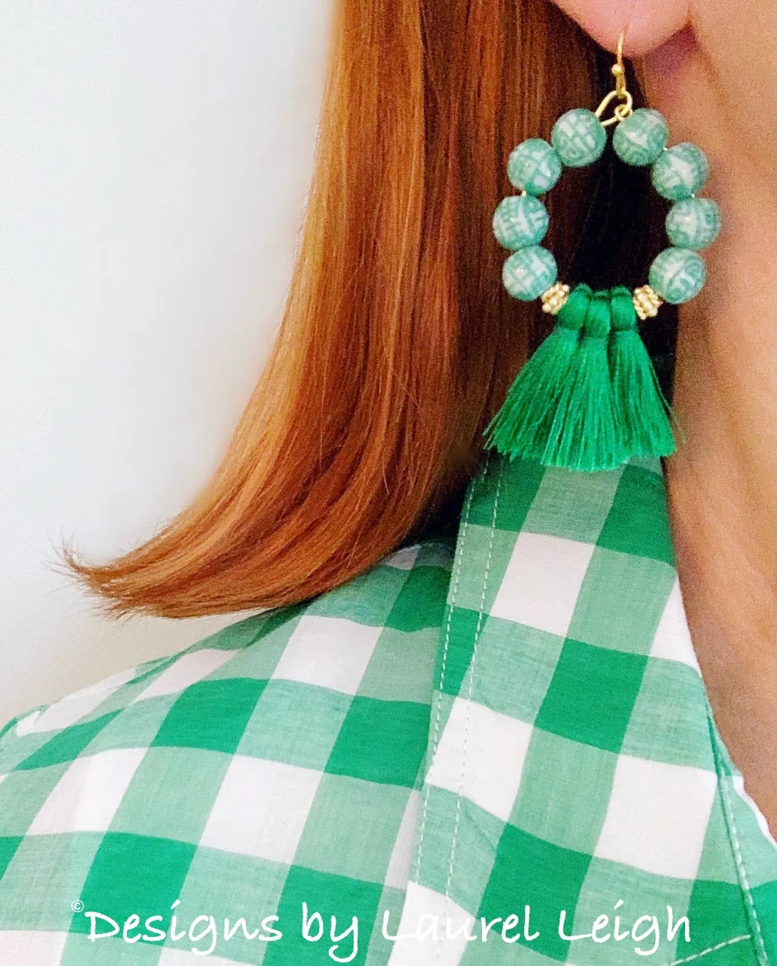 Chinoiserie Beaded Tassel Hoop Earrings - Green