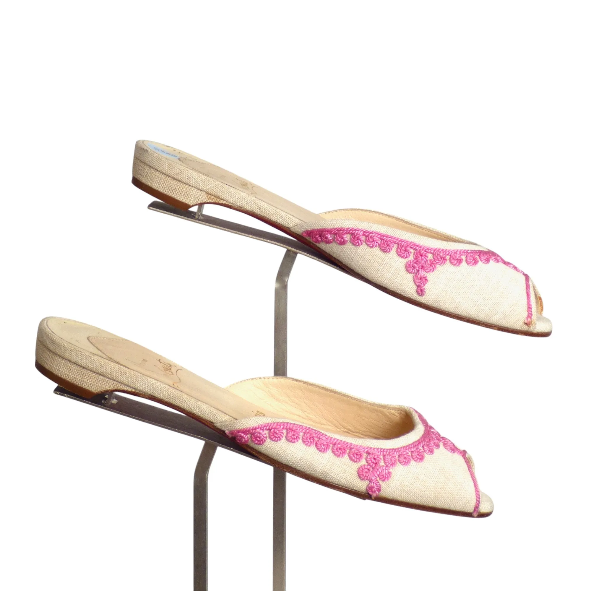 CHRISTIAN LOUBOUTIN- Ivory & Pink Linen Soutache Slides, Size 36.5