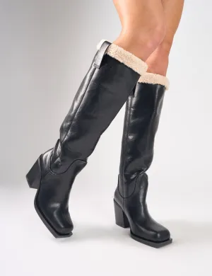 Colden Vintage Black Fur Trim Block Heel Knee High Boots