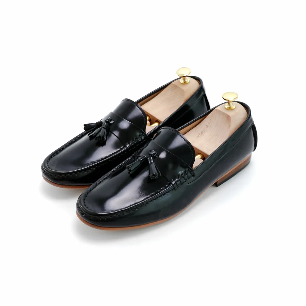 Comfy Tassel Loafer European Brush Off Black Patent