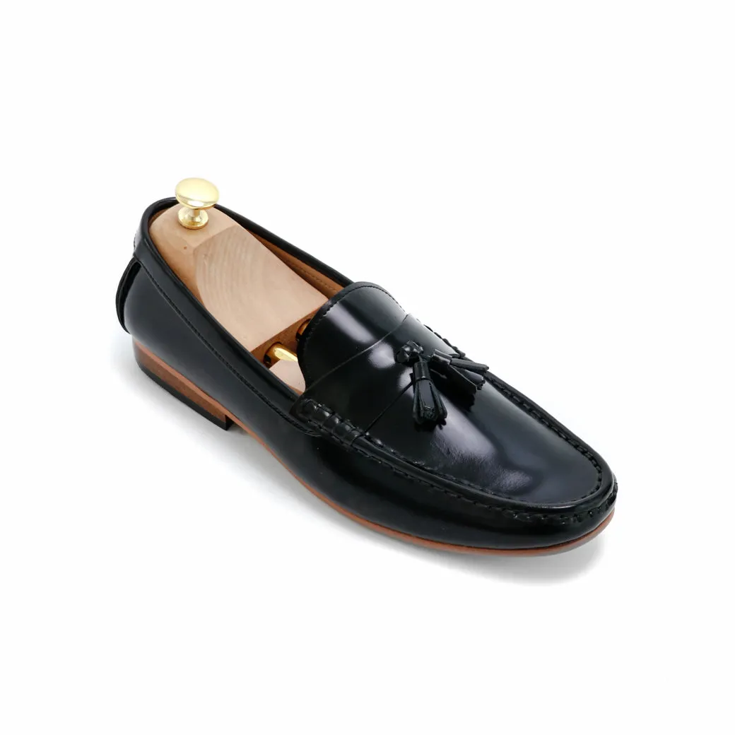 Comfy Tassel Loafer European Brush Off Black Patent